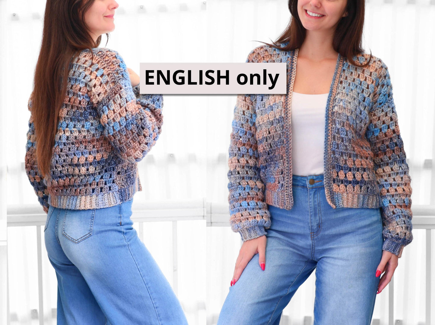 May include: A multi-colored, open-front crochet cardigan in shades of blue, tan, and peach. The cardigan has long sleeves and a boxy fit. The text "ENGLISH only" is displayed on a white rectangle in the image.